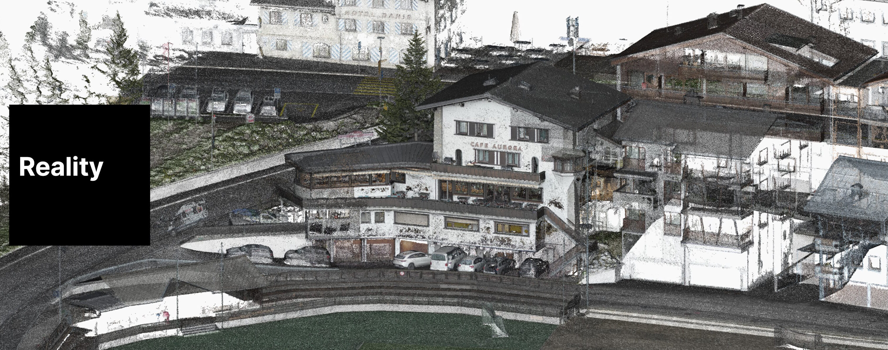 Punktwolke eines Hotel Gebäudes mit Umgebung und dem Text Reflected Reallity