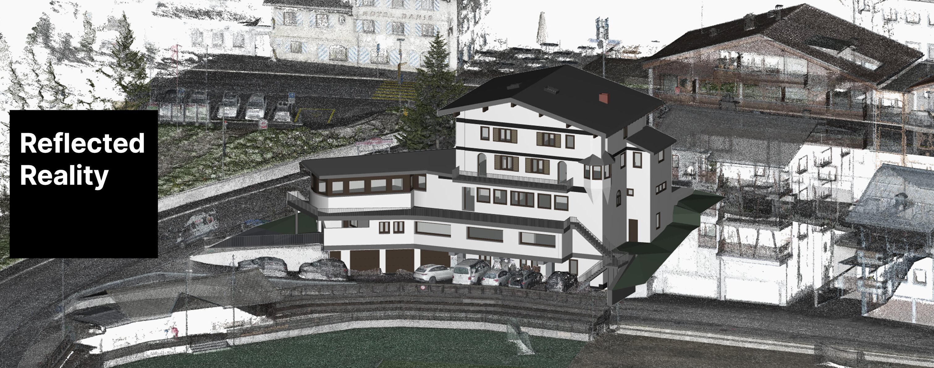 Eingefügtes 3d IFC Modell eines Hotel Gebäudes in Punktwolkenumgebung