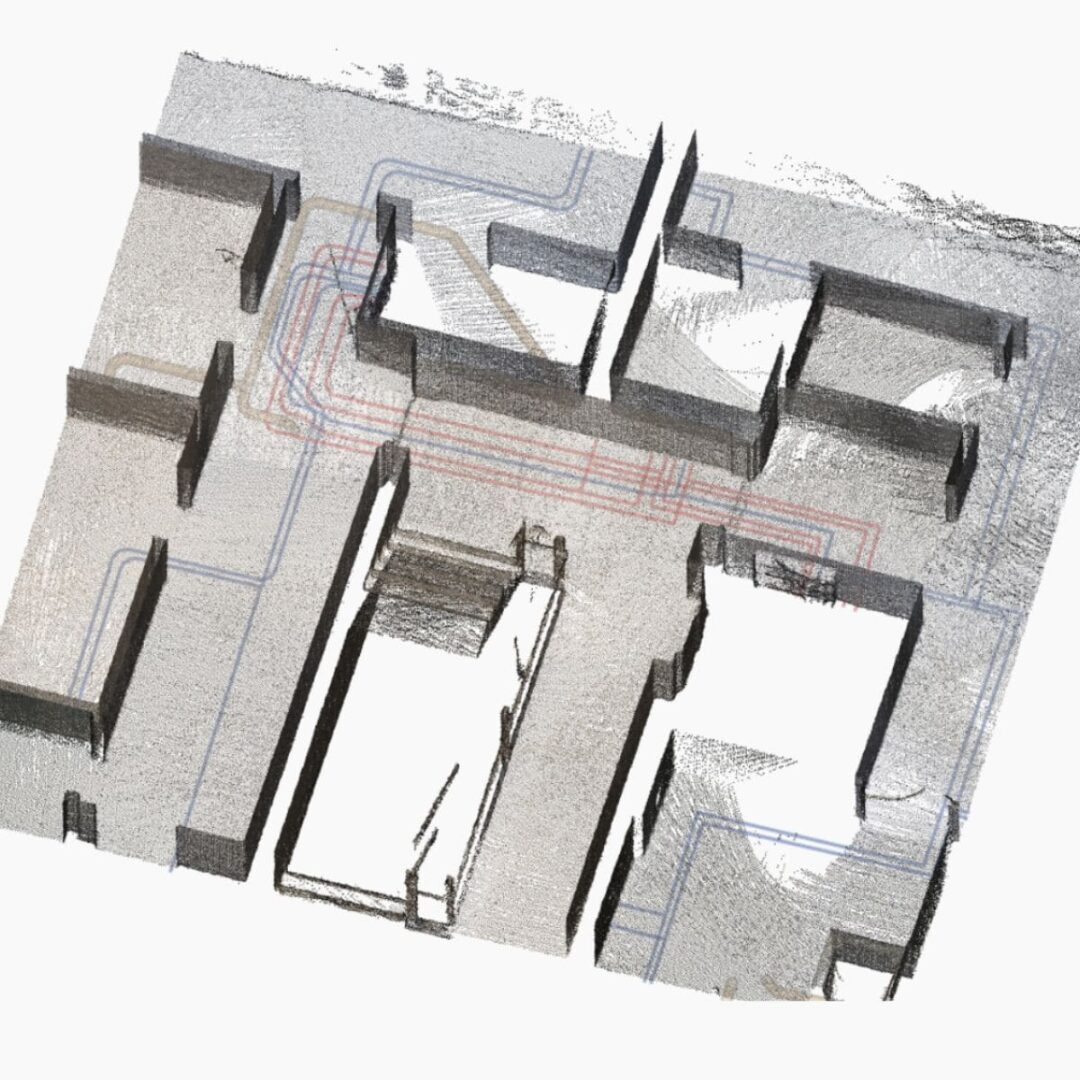 3D Plan Darstellung von Installationsverläufen sanitärer Einrichtungen in einem Haus